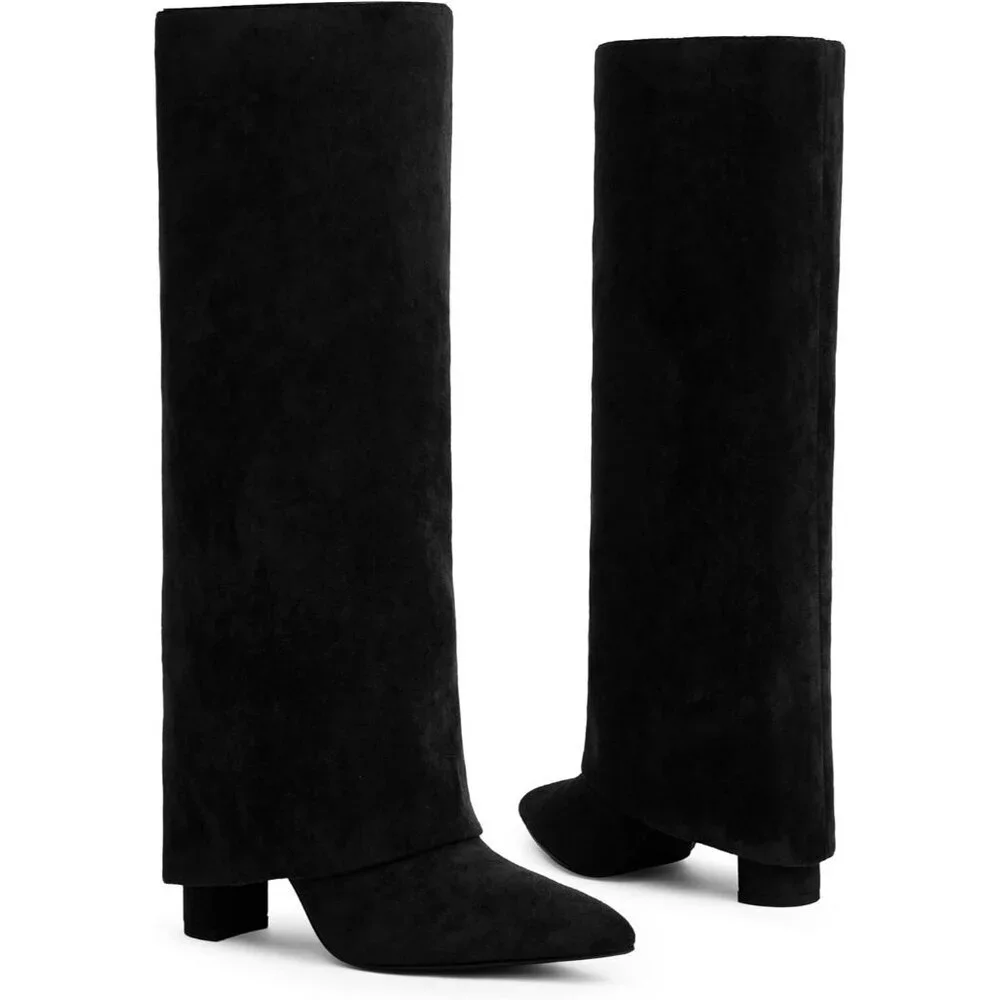 Women Black Suede Faux Leather Fold Over Knee High Chunky High Heels Boot
